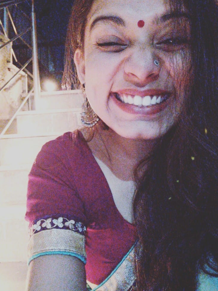 Pratibha in saree, laughing
